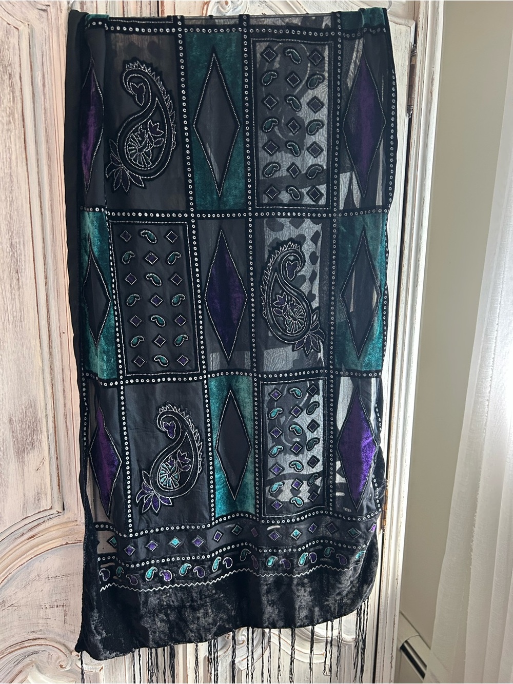 Black Velvet Paisley & Geometric Panel Scarf with Teal and Purple Accents